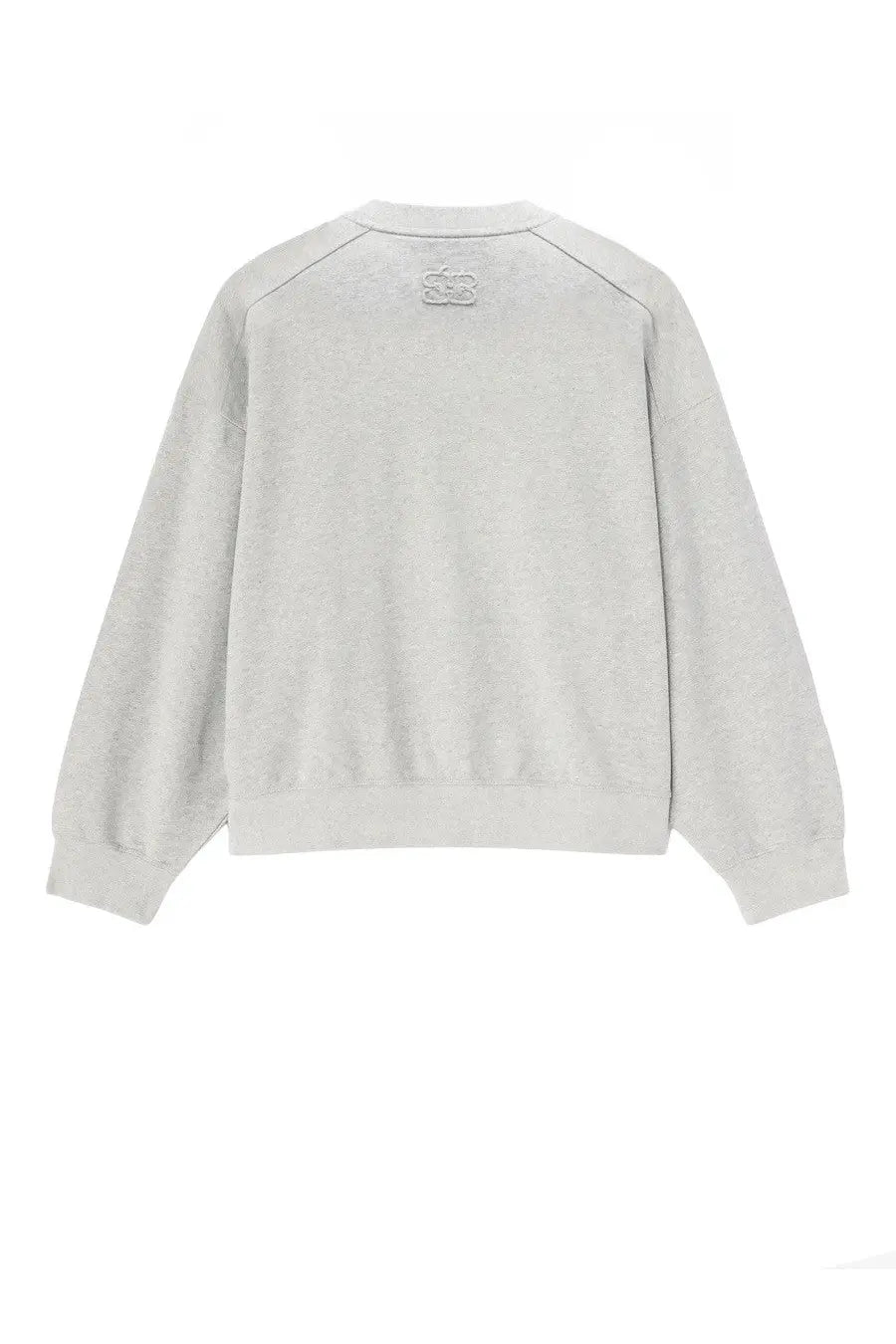 Ganni women’s sweatshirt in soft heather gray with subtle textured fabric and small embroidered logo at neckline