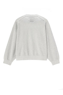Ganni women’s sweatshirt in soft heather gray with subtle textured fabric and small embroidered logo at neckline