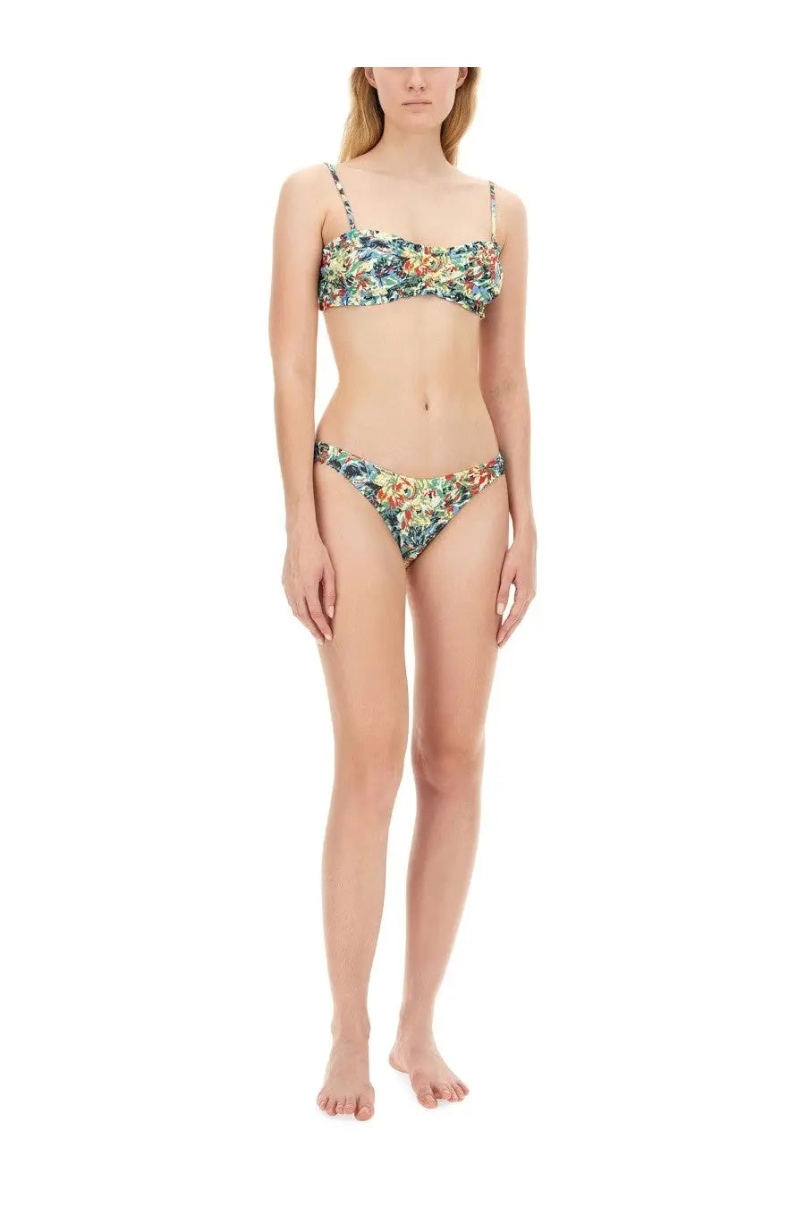 Ganni women’s multicolor bikini set with vibrant green blue and warm floral pattern perfect for beachwear