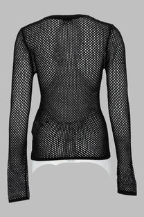 Ganni women’s black long-sleeved top in fitted mesh di cotone mercerizzato cotton fabric