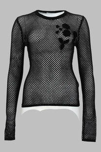 Ganni women’s black long-sleeved mesh top with floral appliqué made from cotone mercerizzato material