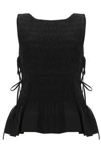 Ganni women’s black sleeveless top with smocked texture side ties and flared hem made from lightweight fabric