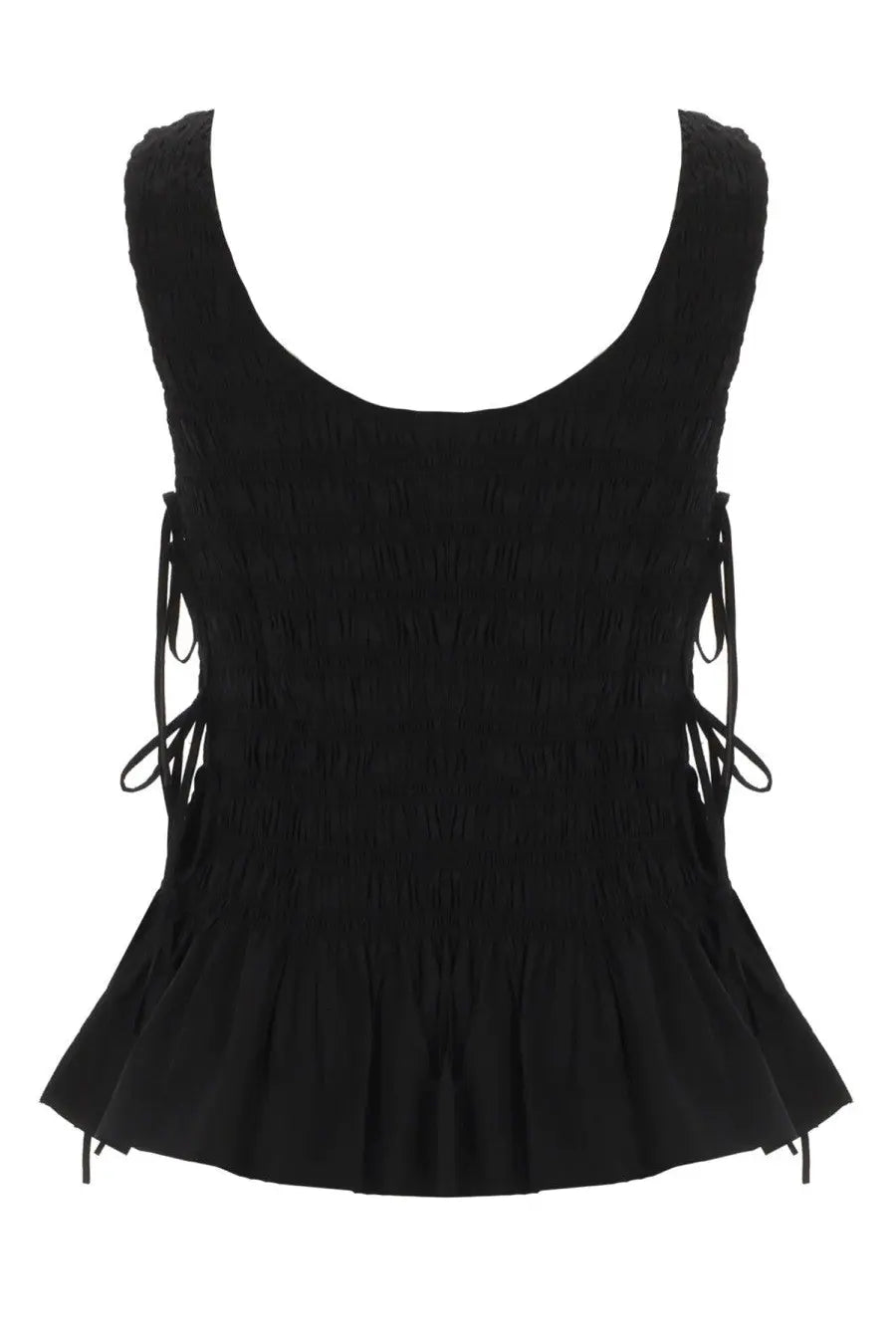 Ganni women’s black smocked sleeveless top with side ties and flared hem in lightweight fabric