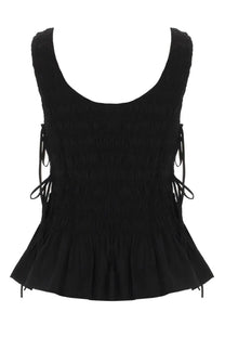Ganni women’s black smocked sleeveless top with side ties and flared hem in lightweight fabric