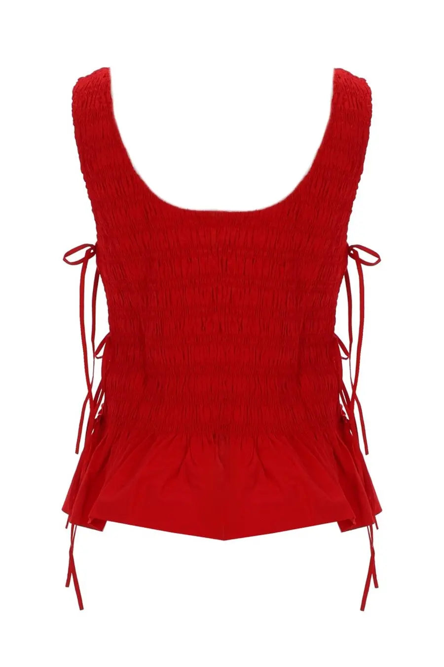 Ganni women’s red smocked sleeveless top with tied side strings and ruffled hem made from lightweight fabric