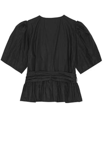 Ganni women’s black blouse with puffed sleeves and ruched waistband in lightweight fabric for stylish wear