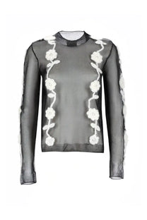 Ganni women’s black sheer mesh top with long sleeves and white embroidered floral vine details on front and sleeves