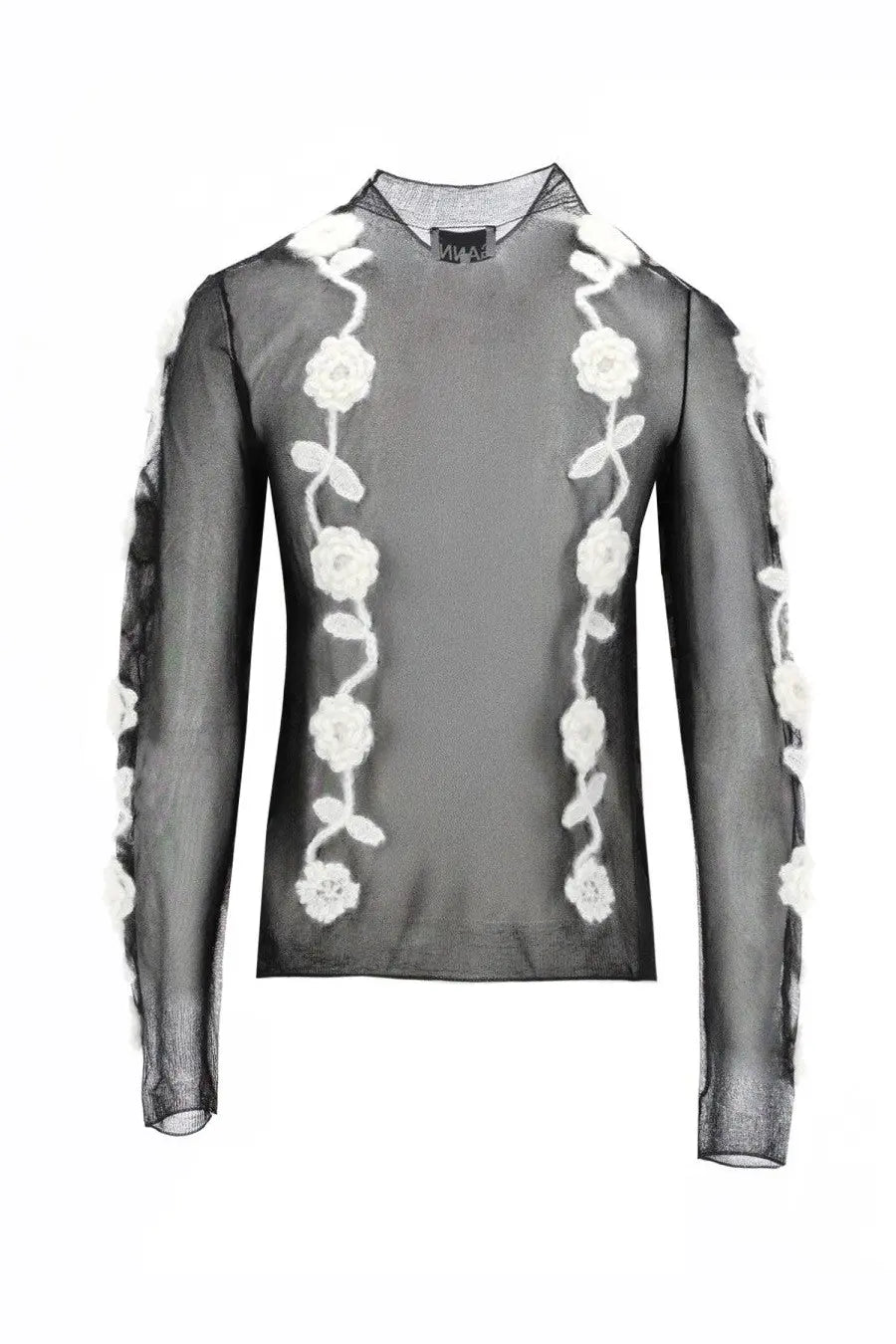 Ganni women’s black sheer mesh top with white floral embroidery on front and sleeves for stylish layering