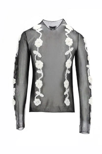 Ganni women’s black sheer mesh top with white floral embroidery on front and sleeves for stylish layering