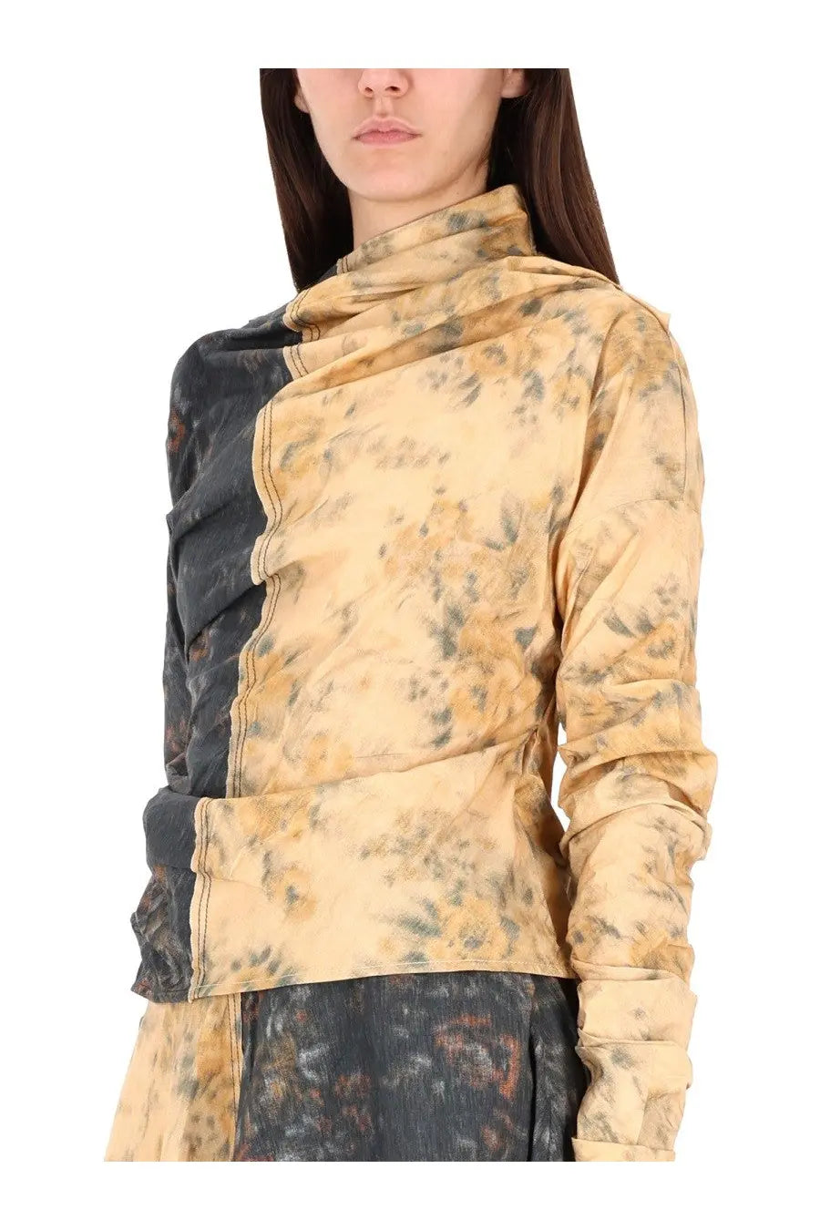 Ganni women’s long-sleeved high-neck top in mustard yellow and dark gray floral split-color design