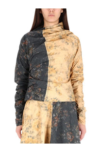 Ganni women’s multicolor long-sleeved high neck top with black and mustard yellow floral ruched detailing