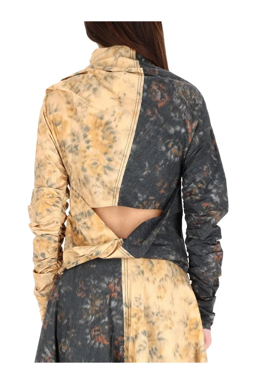 Back view of ganni women’s long-sleeved jacket with high collar two-toned mustard yellow floral and dark grayish-blue print