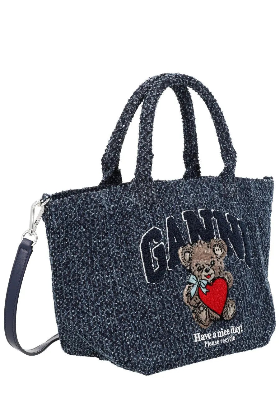 Dark blue textured ganni women’s tote bag with embroidered teddy bear holding red heart and recycling message