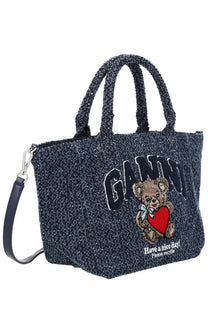 Dark blue textured ganni women’s tote bag with embroidered teddy bear holding red heart and recycling message