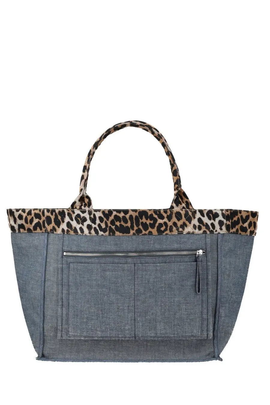 Ganni women’s blue tote bag made of gray denim with leopard-print trim and handles for stylish everyday use