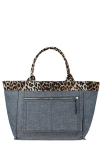 Ganni women’s blue tote bag made of gray denim with leopard-print trim and handles for stylish everyday use