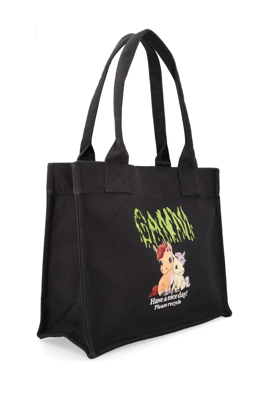 Ganni women’s grey canvas tote bag with green dripping text and two cartoon ponies printed on the front