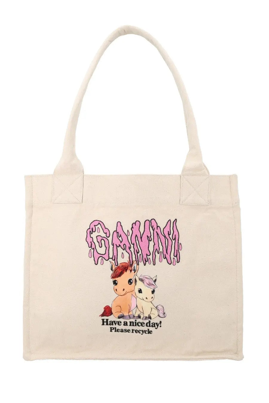 Cream-colored canvas Ganni women’s tote bag with pink dripping logo, cartoon ponies, and recycle message