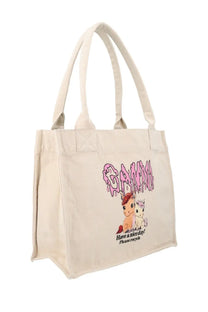Cream-colored canvas tote bag with pink dripping gamma logo cartoon unicorns and have a nice day please recycle text
