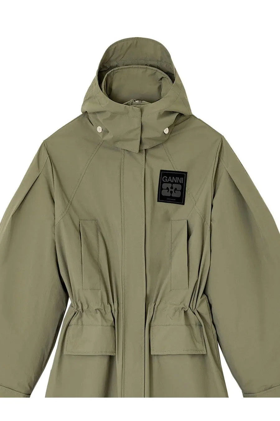 Ganni women’s tri layer olive green hooded parka with black logo patch on chest and drawstring waist