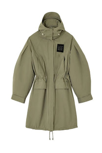 Olive green ganni women’s tri layer parka hooded trench coat with drawstring waist and front pockets