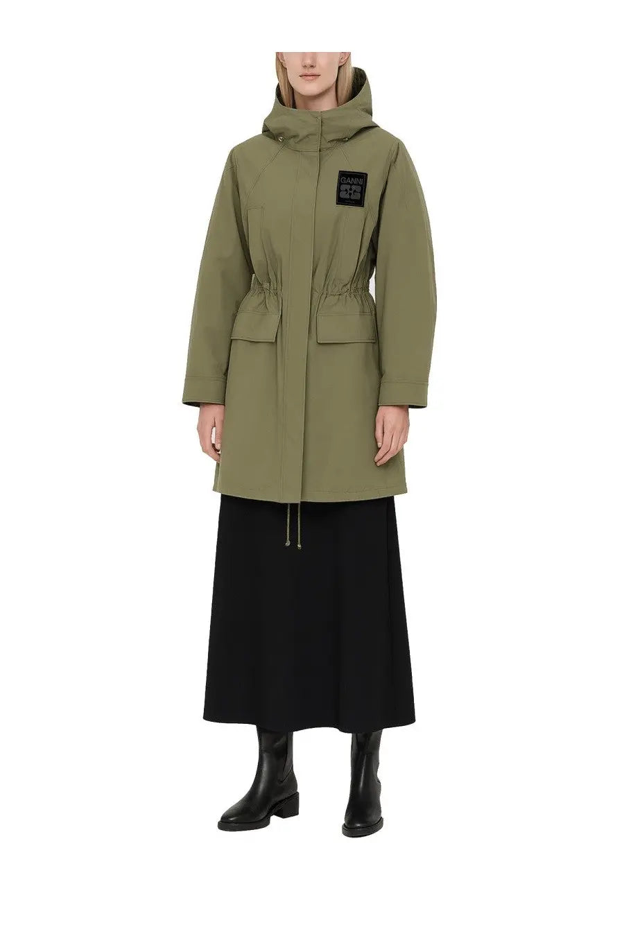Ganni women’s tri layer parka green olive hooded trench coat with drawstring waist front pockets and black chest patch