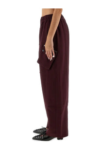 Ganni women’s red twill maroon wide-leg trousers with elastic waistband and side pocket metallic button detail