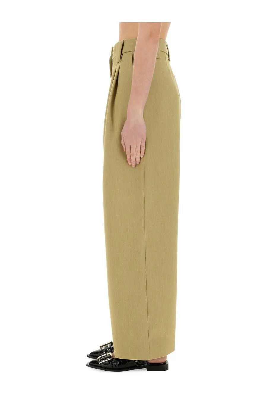 Ganni women’s beige khaki high-waisted wide-leg twill suit pants with a sleek tailored design