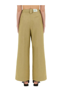Ganni women’s beige twill suit pants with khaki wide-leg trousers and a structured straight-cut silhouette with belt