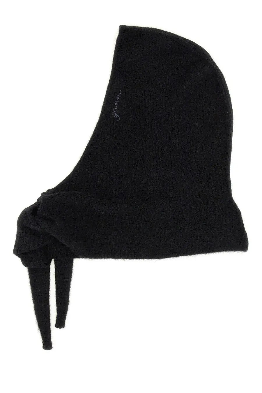 Black knitted wool balaclava by ganni with a front tied knot and subtle embroidered branding on the side