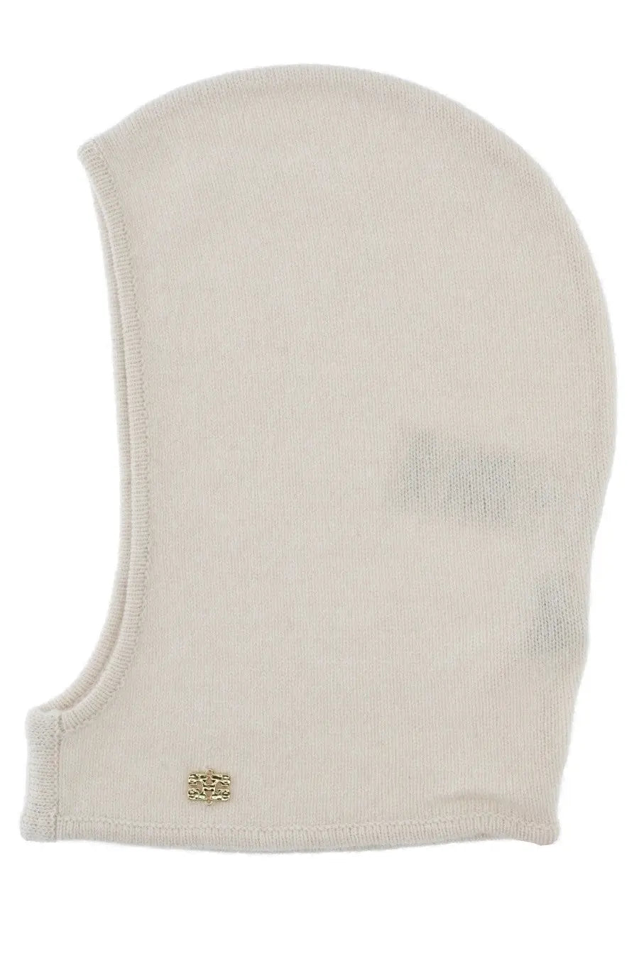 Cream-colored wool knit balaclava by ganni with a small gold-tone logo patch at the bottom edge