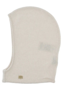 Cream-colored wool knit balaclava by ganni with a small gold-tone logo patch at the bottom edge