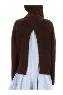 Brown wool blend ribbed knit cardigan with cross-back design shown from the back by ganni women