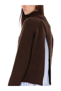 Ganni women’s brown wool blend ribbed knit sweater with high collar and side slit