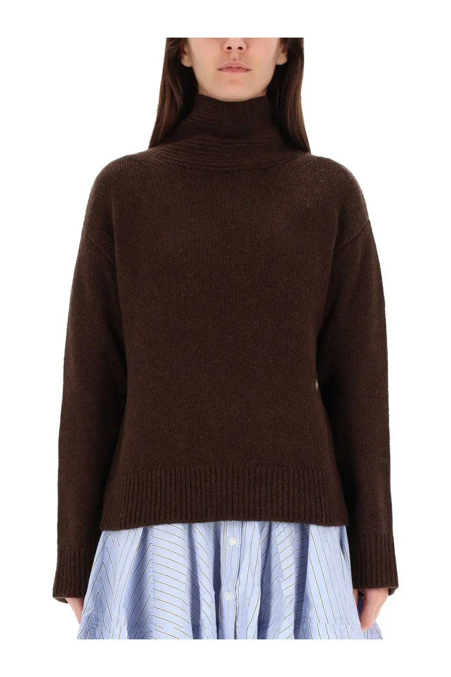 Brown ribbed knit wool blend turtleneck sweater for women by ganni with a cozy fitted design