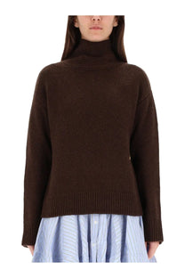 Brown ribbed knit wool blend turtleneck sweater for women by ganni with a cozy fitted design