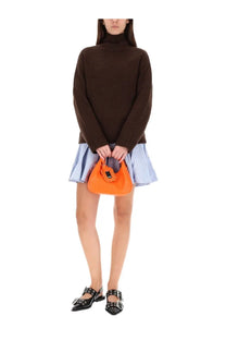 Vibrant orange woven handbag with black buckle closure paired with ganni women’s brown wool blend sweater