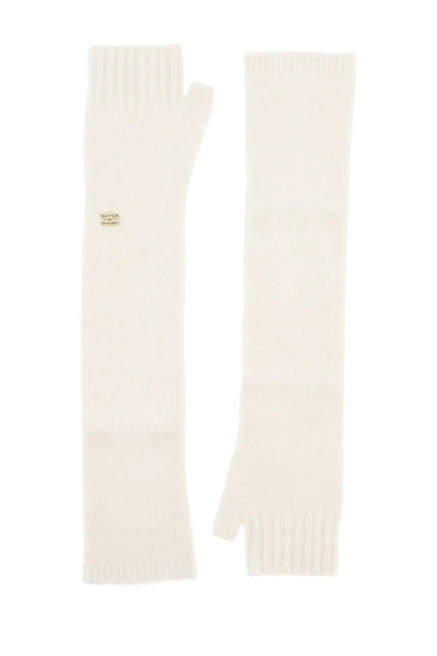 Cream-colored knitted fingerless wool gloves for women with metallic wrist embellishment by Ganni in white