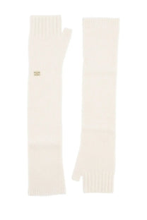 Cream-colored knitted fingerless wool gloves for women with metallic wrist embellishment by Ganni in white