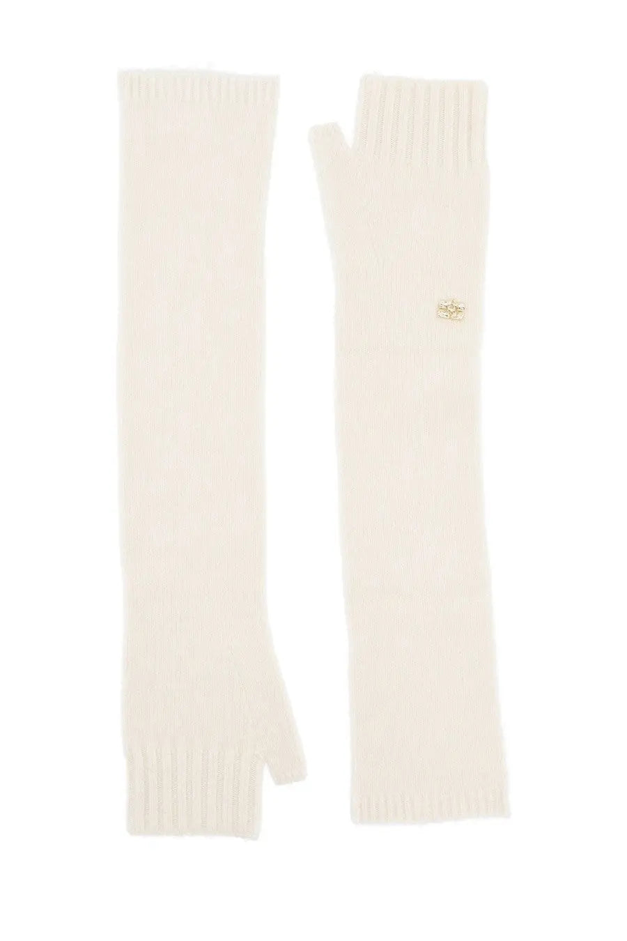 Cream-colored knitted wool fingerless gloves with gold crown emblem on wrist by ganni women white shown from back side