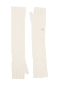 Cream-colored knitted wool fingerless gloves with gold crown emblem on wrist by ganni women white shown from back side