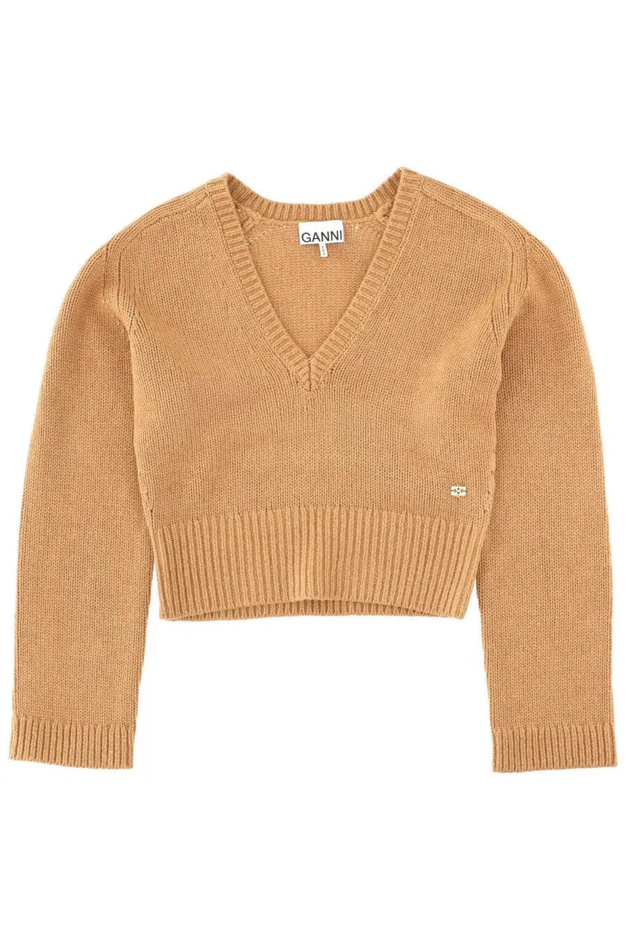 A tan ganni womens wool jersey cropped knit sweater with v neck and ribbed cuffs in beige