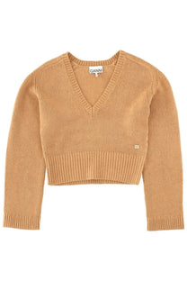 A tan ganni womens wool jersey cropped knit sweater with v neck and ribbed cuffs in beige