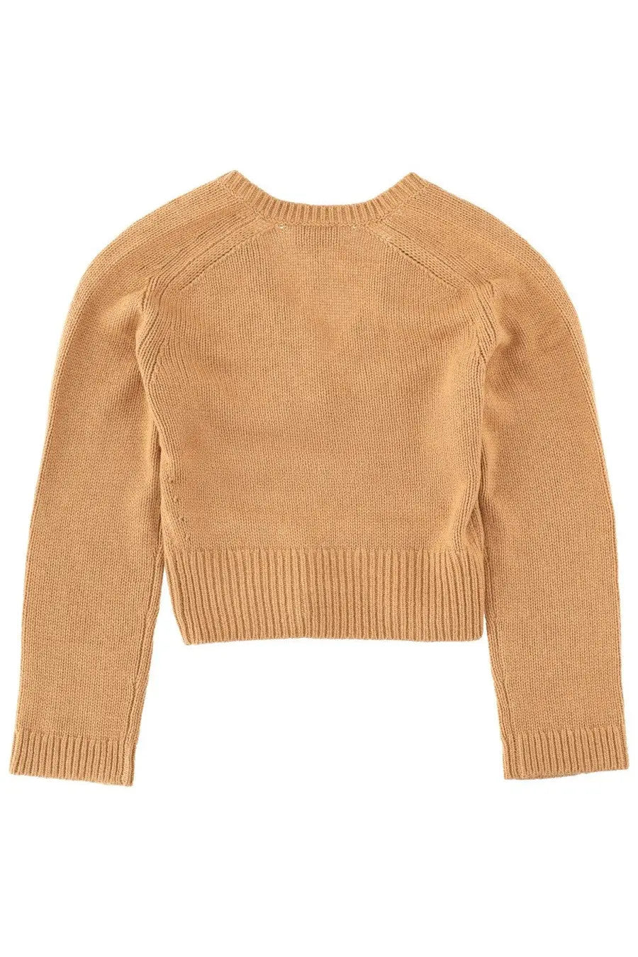 Ganni women’s wool jersey beige tan ribbed knit cropped sweater with long sleeves and round neckline