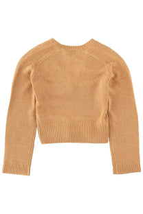 Ganni women’s wool jersey beige tan ribbed knit cropped sweater with long sleeves and round neckline