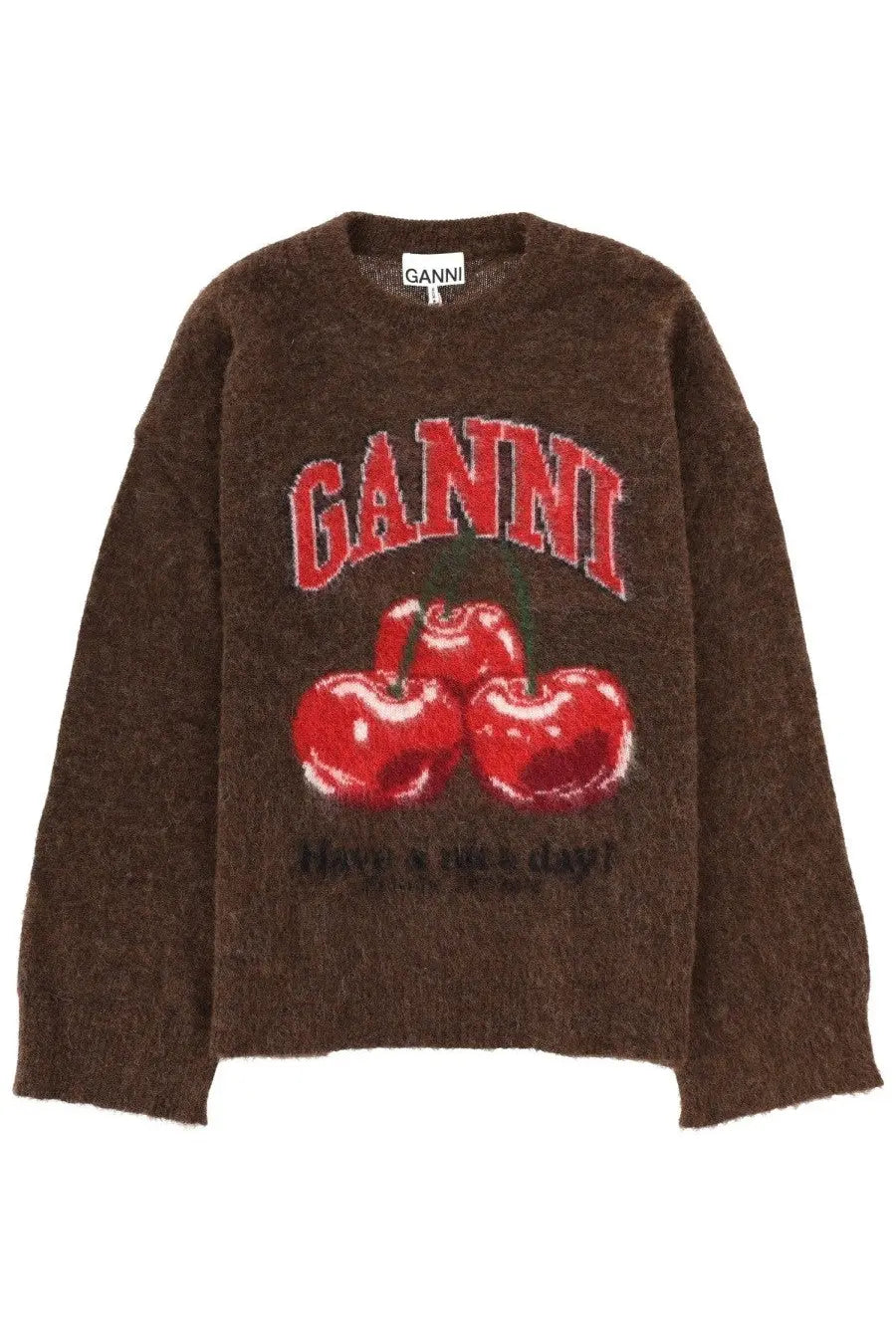 Ganni women’s wool jersey brown sweater with bold red cherry graphic and green stems and red brand name above