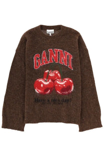 Ganni women’s wool jersey brown sweater with bold red cherry graphic and green stems and red brand name above