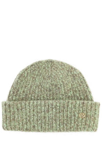 Ganni women’s wool and mohair beanie in soft olive green ribbed knit with folded cuff and gold-tone logo tag