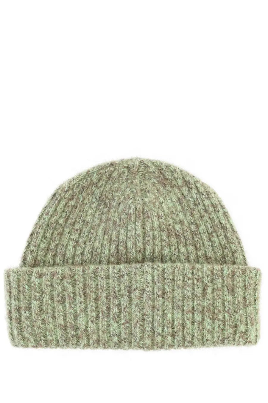 Ganni women’s wool and mohair beanie in soft olive green with ribbed knit and folded cuff design