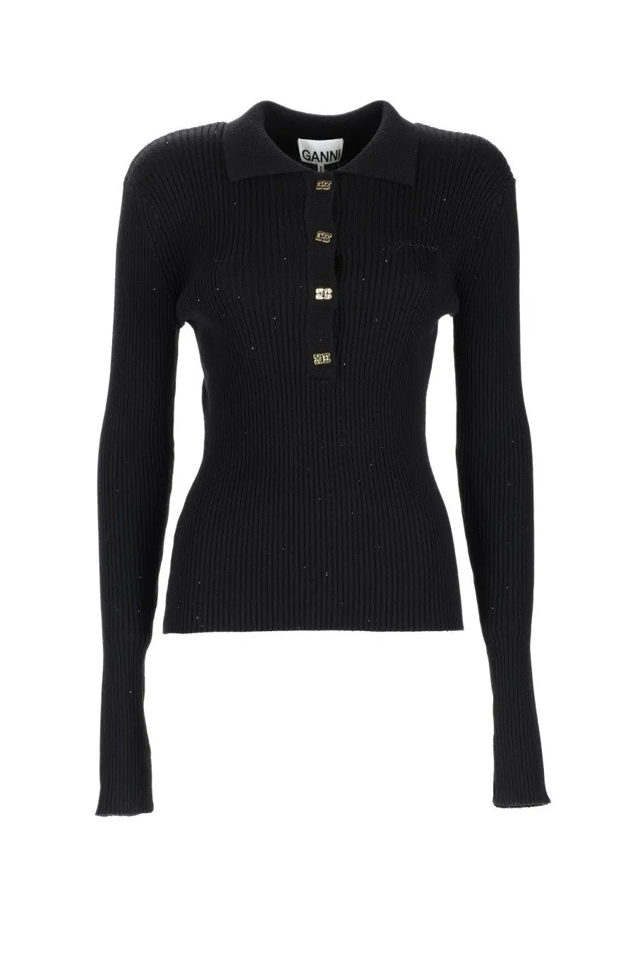 Black ribbed knit wool polo sweater with gold-tone buttons and branded collar label by Ganni women